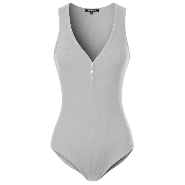 MixMatchy Womens Button Trim V-Neck Sleeveless Body-con Jumpsuit Bodysuit